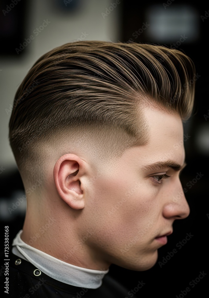 Obraz premium Sophisticated profile portrait of a young man with a voluminous, glossy pompadour and seamless fade, embodying modern masculine elegance