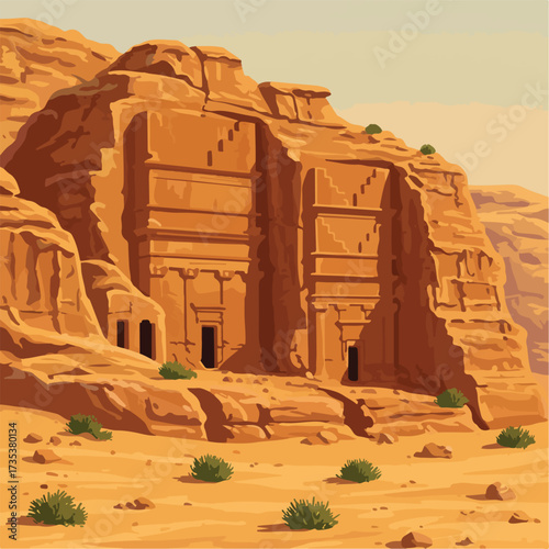 Carved sandstone facade of ancient tombs in desert landscape with small shrubs.