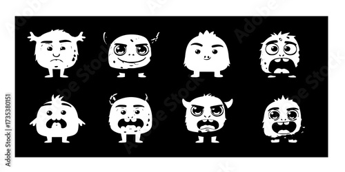 Funny monsters facial expression constructor flat color vector icon set. Weird creatures grimaces illustration pack on grey background
