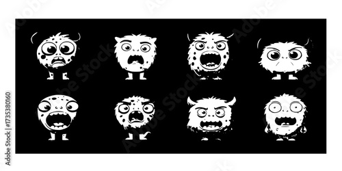 Funny monsters facial expression constructor flat color vector icon set. Weird creatures grimaces illustration pack on grey background
