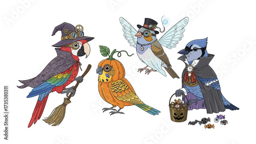Halloween Bird Costume Illustration: A delightful collection of festive birds, each adorned in elaborate costumes, conjures a whimsical Halloween mood, evoking smiles and celebration.