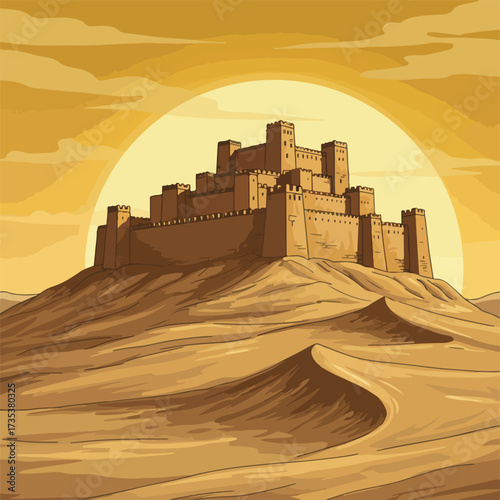 Desert Castle Fortress Silhouette Against a Large Sun.