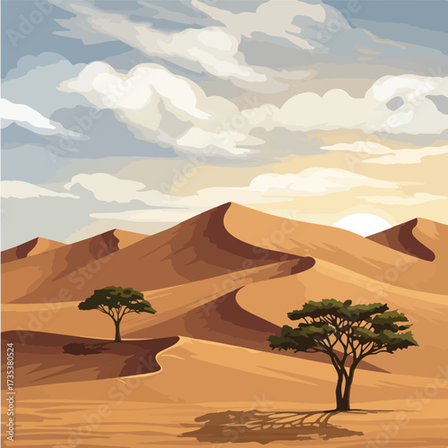 Desert Landscape with Sand Dunes and Trees Vector Illustration.