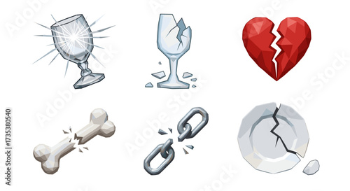 Vector art of set of broken objects and symbols