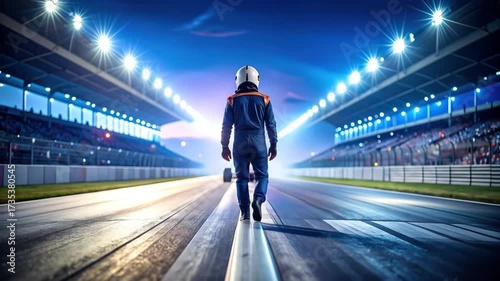 Racer walking towards Formula 1 car.
