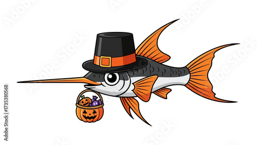 Festive Swordfish Illustration: An eye-catching illustration featuring a swordfish donned in a pilgrim hat and carrying a pumpkin-shaped bucket full of Halloween treats, perfect for seasonal decor.