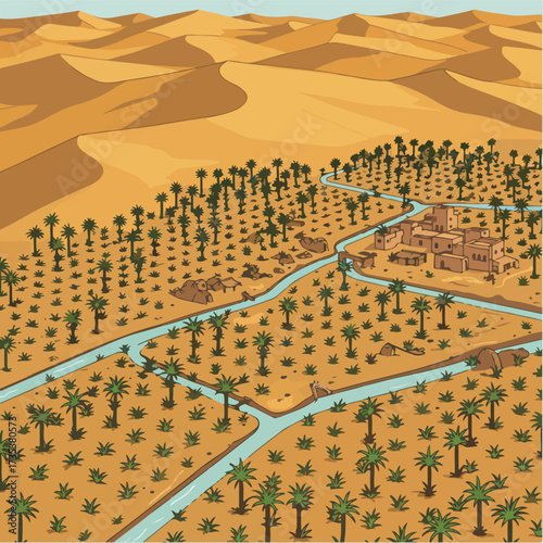 Desert Oasis Illustration with Palm Trees Buildings and Water Channels.