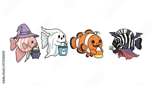 Halloween Fish Costume Parade: A collection of adorable fish dressed in various Halloween costumes, including a witch, ghost, pumpkin, and vampire, showcasing a fun and festive holiday atmosphere.