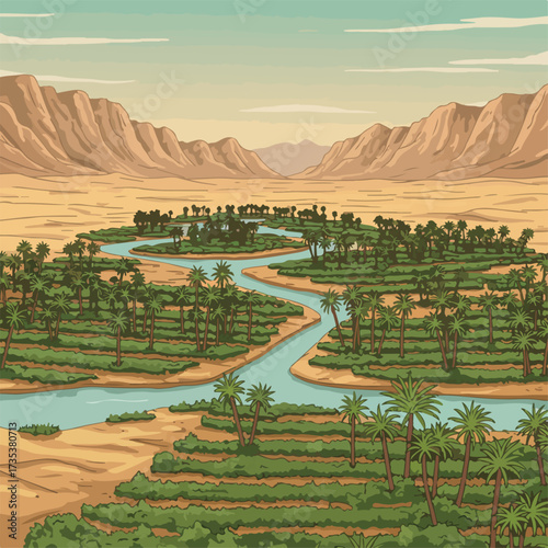 Desert Oasis with River Palm Trees and Terraced Fields Landscape Illustration.