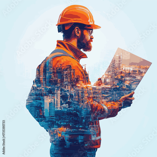 Construction engineer holding plan in double exposure above blue city and construction site. Generative AI , vector style simple color