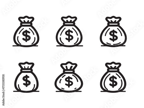 Clean Sack Dollar Six Icons Outline Vector Minimalist Illustration