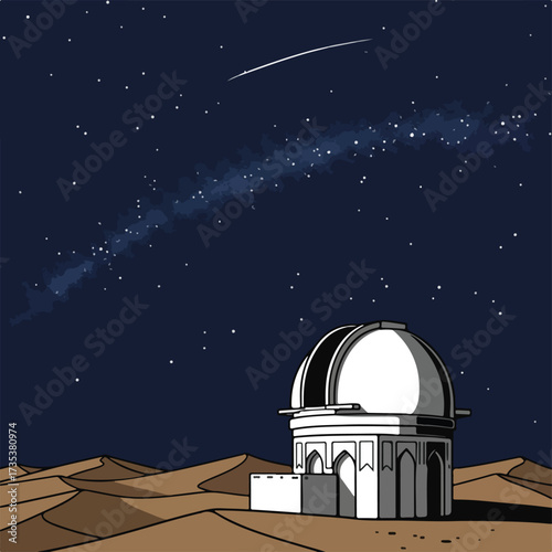 White observatory building under a starry night sky with a shooting star and the Milky Way.