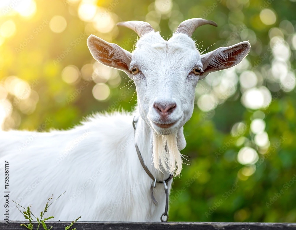 Fototapeta premium White goat in sunlit garden