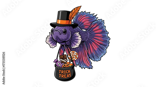 Halloween Betta Fish Illustration: A charming Betta fish, dressed in a festive Halloween hat and carrying a Trick or Treat bag filled with sweets, radiates playful charm in a delightful illustration.