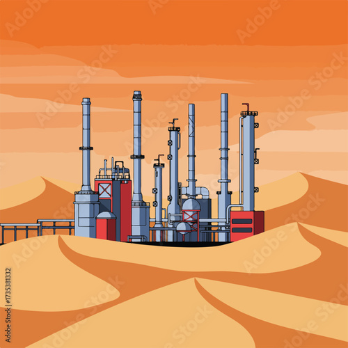 Oil Refinery in Desert Landscape Industrial Complex with Towers and Pipelines.