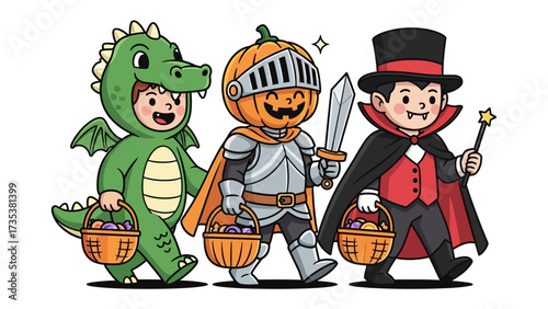 Happy Halloween Parade: A colorful illustration depicts three costumed children, embracing the spirit of Halloween with vibrant outfits and joyful trick-or-treating adventures. 