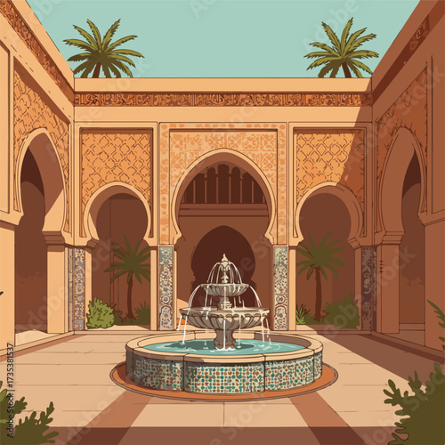 Ornate Moorish Courtyard with Fountain Arches and Palm Trees in Warm Tones.