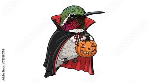 A Spooky Halloween Hummingbird: a unique and charming illustration that captures the spirit of the holiday, showcasing a hummingbird dressed in a vampire costume and holding a Jack-o'-lantern.