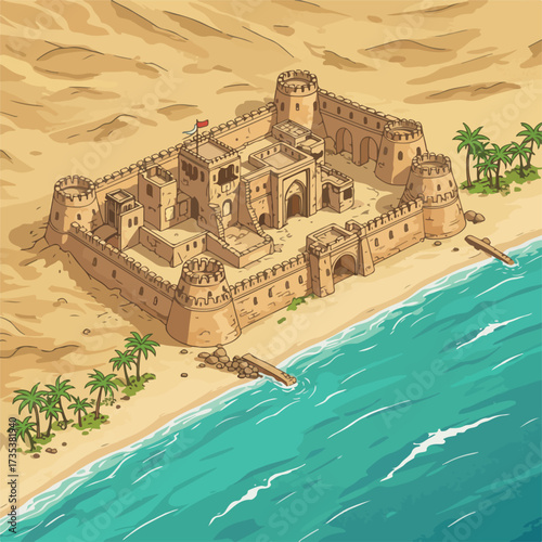 Sandy Fortress by the Sea Detailed Illustration of a Desert Castle.
