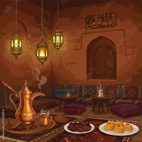 Traditional Arabic Coffee Pot with Hookah and Sweets in a Cozy Setting.