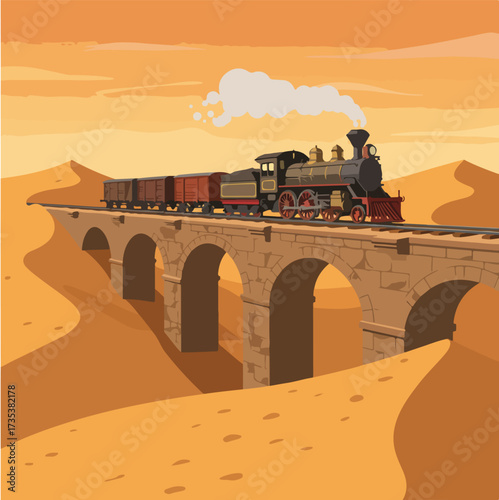Vintage Steam Train Crossing Stone Arch Bridge in Desert Landscape Illustration.