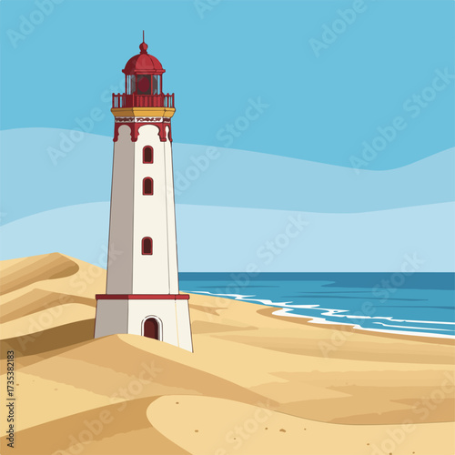 White Lighthouse with Red Top on Sandy Beach Coastal Navigation Aid.