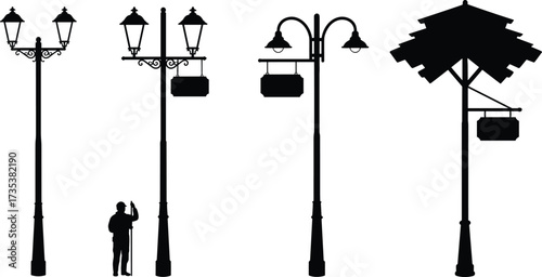 Street lamp post vector illustration with vintage lanterns, hanging signboards, urban lighting silhouettes, decorative outdoor lamps, and classic city design elements.
