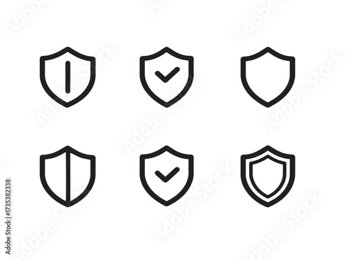 Minimalist check shield symbols created in contemporary clean line vector art