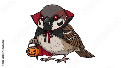 Sparrow in Halloween Costume: A charming sparrow is all dressed up for Halloween as a vampire with a candy basket. perfect Halloween design.