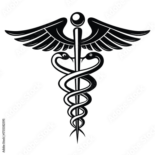Black Caduceus Symbol with Wings and Two Snakes on White Background medical healthcare