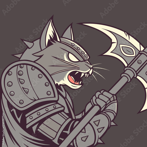 Fearsome Feline Fighter A Ruthless Cat Warrior Wielding a Mighty Weapon in Full Armor
