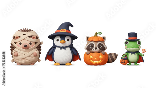 Halloween Animal Fantasy: A whimsical ensemble of costumed critters, including a mummy hedgehog, witch penguin, pumpkin raccoon, and top-hat frog.