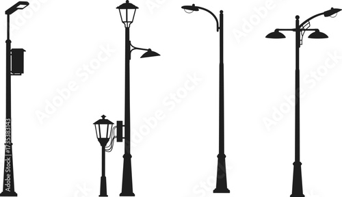 Street lamp vector illustration with modern and vintage light poles, decorative lanterns, classic urban streetlights, outdoor night lighting, and silhouettes.
