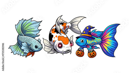 Whimsical Aquarium: A trio of captivating fish, each with its own unique style and personality. One with flowing fins, the second with vibrant patches.