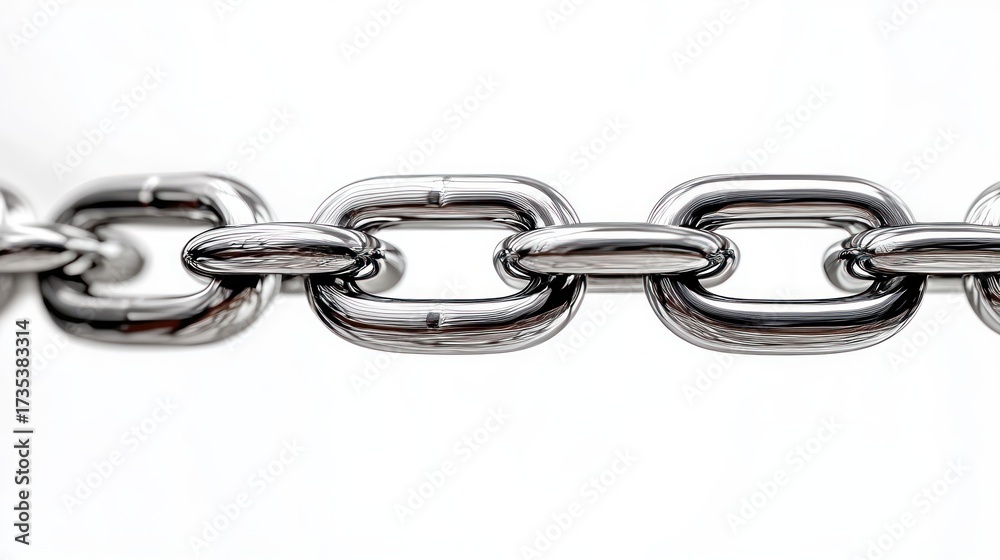 Obraz premium Close-up of a shiny, interconnected silver metal chain with a smooth reflective surface against a white background