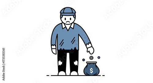 Vector art of sad man in torn clothes with empty money bag