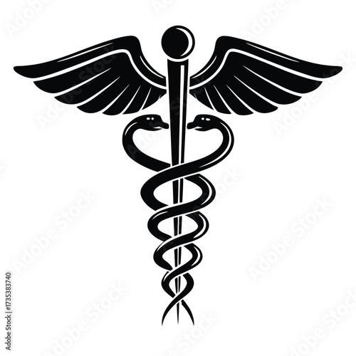 Black Caduceus Symbol with Wings and Two Snakes on White Background medical symbol healthcare