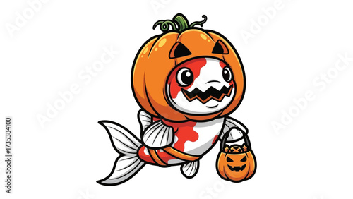 Whimsical Koi in Costume: A vibrant cartoon illustration shows a cheerful koi fish, adorned in a Halloween pumpkin costume and carrying a treat-filled candy bag.