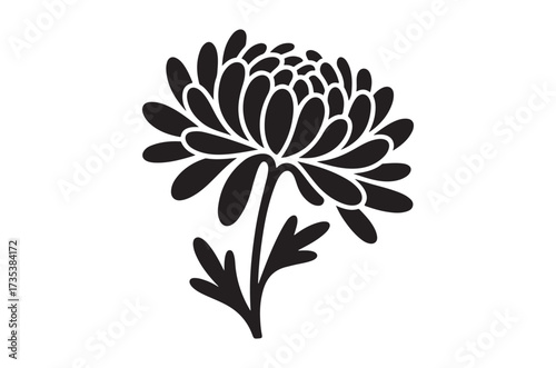 Monochrome Marvel A Chrysanthemum's Silhouette in Striking Detail A Bold Botanical Illustration Showcasing a Flower's Intricate Petals and Elegant Form Against a Clean White Backdrop