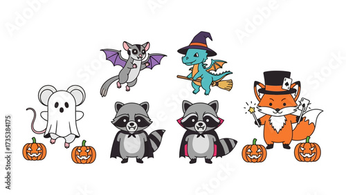Halloween Animal Collection: A delightful assortment of Halloween-themed animal illustrations, featuring a charming mouse ghost, a mysterious sugar glider bat, a mischievous dragon.