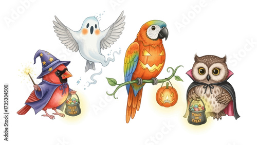 Whimsical Halloween Aviary: A quartet of enchanting creatures – a charming ghost, a magical parrot adorned with jack-o'-lantern markings, a wizard cardinal.