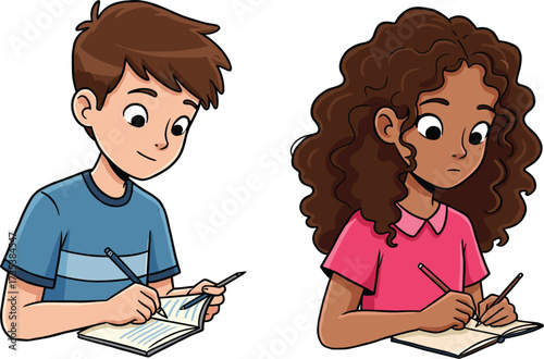 Cartoon children writing in notebooks, school kids doing homework, educational activity, learning at desk, focused students, classroom study, pencil and paper, childhood education scene