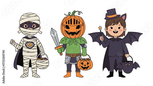 Halloween Trio: A whimsical cartoon illustration presents three children in adorable Halloween costumes: a mummy, a pumpkin knight, and a bat, ready for a night of festive fun.