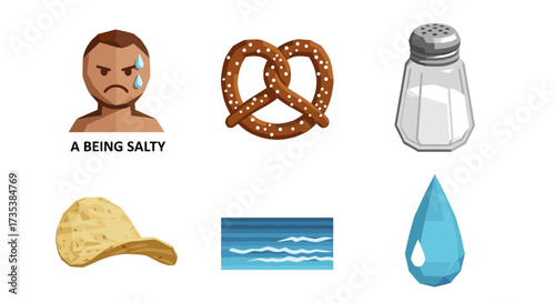 Vector art of salty emoji, pretzel, salt shaker, chip, ocean, water drop