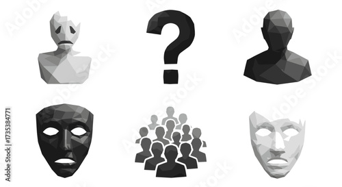 Vector art of sad face, question mark, mask, crowd