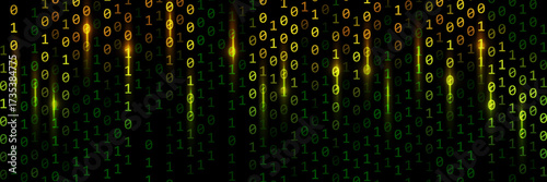 Orange and green binary rain background with glimmer and glowing light. Binary code with green light.
