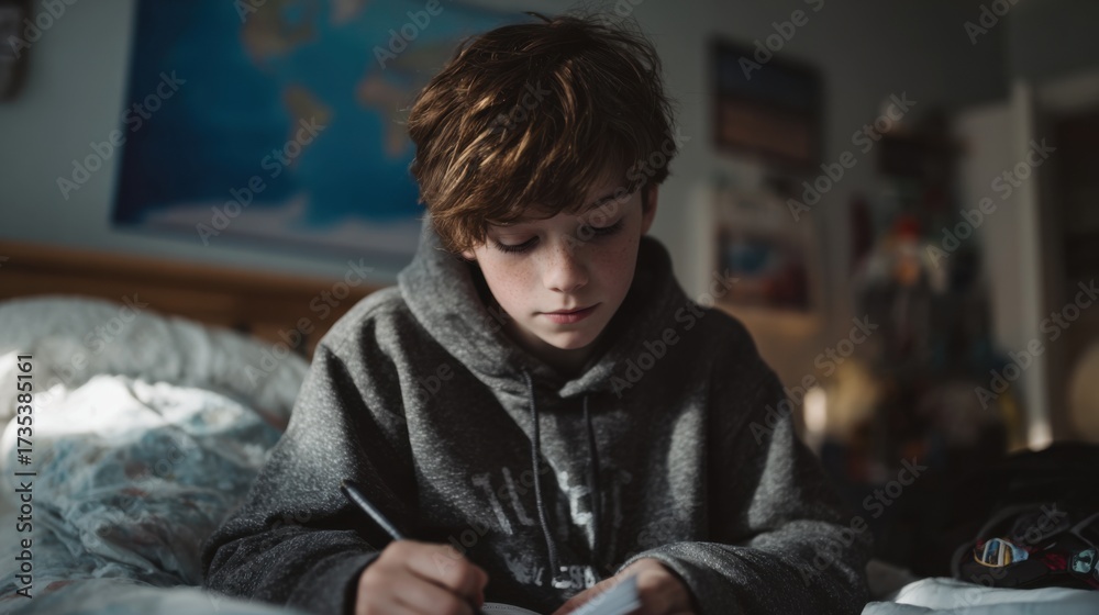 Obraz premium A young Caucasian boy with brown hair sits on a bed, writing in a notebook. The room is cozy with a world map on the wall and soft bedding.