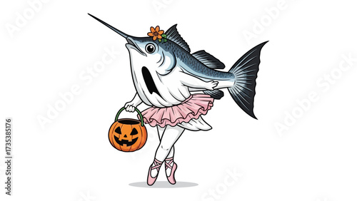 Whimsical Halloween Swordfish: A delightfully unique illustration of a swordfish elegantly dressed in a ballerina's tutu and enchants, holding a pumpkin-shaped treat pail for the halloween.