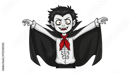 Smiling Vampire in Cape: A captivating illustration of a charming vampire in a classic cape, expressing a delightful grin. Ready for halloween.