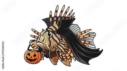 Halloween Lionfish: A captivating depiction of a lionfish embodying the spirit of Halloween, playfully adorned with a festive pumpkin and Dracula cape, showcasing whimsical aquatic charm.